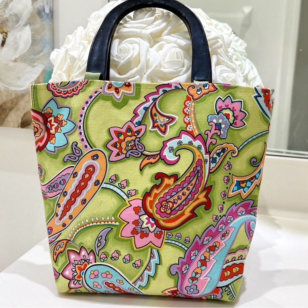 Sassy Satchels Cotton bucket purse Paisley Print Green pink orange